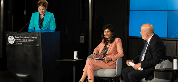 IMF First Deputy Managing Director Gita Gopinath alongside Gabriel Makhlouf at the Central Bank of Ireland’s Whitaker Lecture