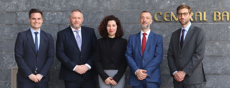 A row of five people in business dress standing in front of a grey wall with part of the words Central Bank of Ireland in gold lettering on it.